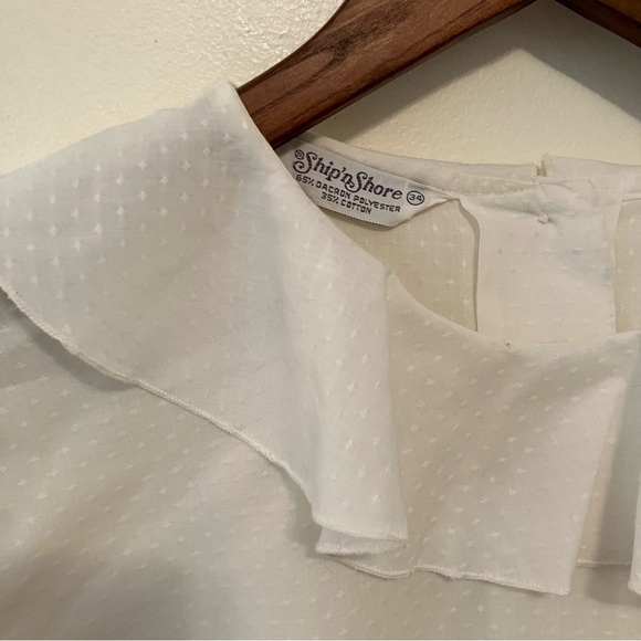 VTG Ship N Shore Size Med Blouse Ruffled Neck Swiss Dot Ivory Sheer Button Back - Picture 2 of 7